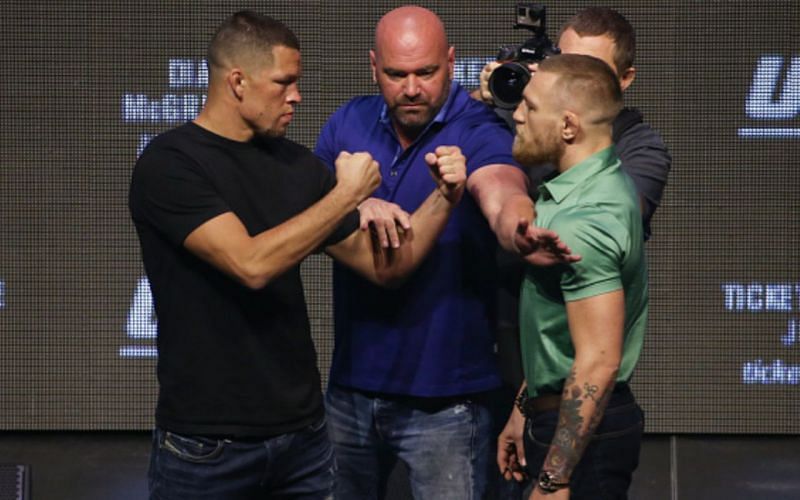 Nate Diaz (left); Dana White (center); Conor McGregor (right)