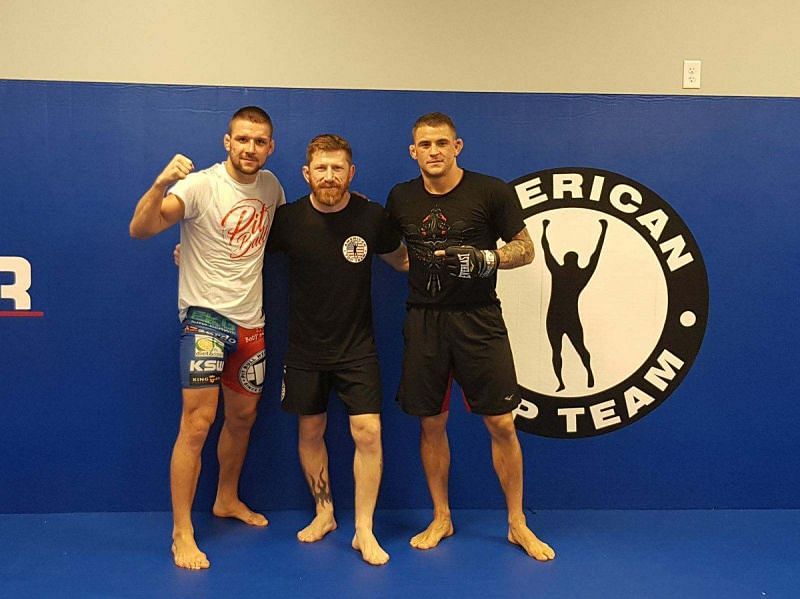 UFC lightweight Dustin Poirier (right) with the American Top Team coach (center) | Image credit: Twitter @DustinPoirier