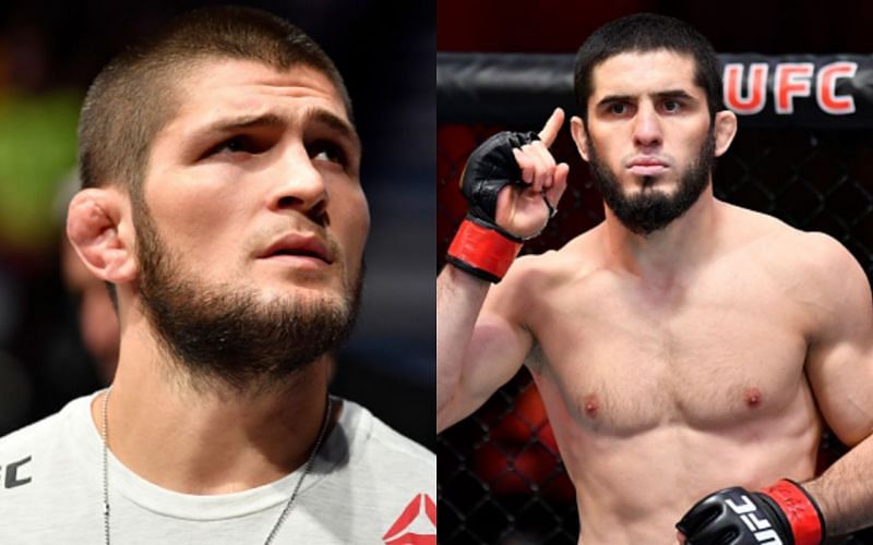 Khabib Nurmagomedov (left); Islam Makhachev (right)