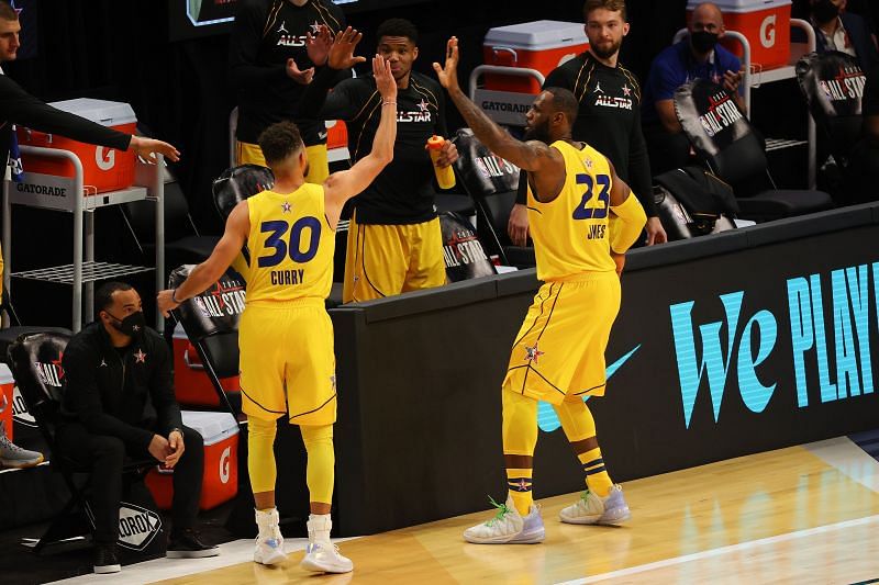 Stephen Curry and &lt;a href=&#039;https://www.sportskeeda.com/basketball/lebron-james&#039; target=&#039;_blank&#039; rel=&#039;noopener noreferrer&#039;&gt;LeBron James&lt;/a&gt; during the 2021 NBA All-Star Game