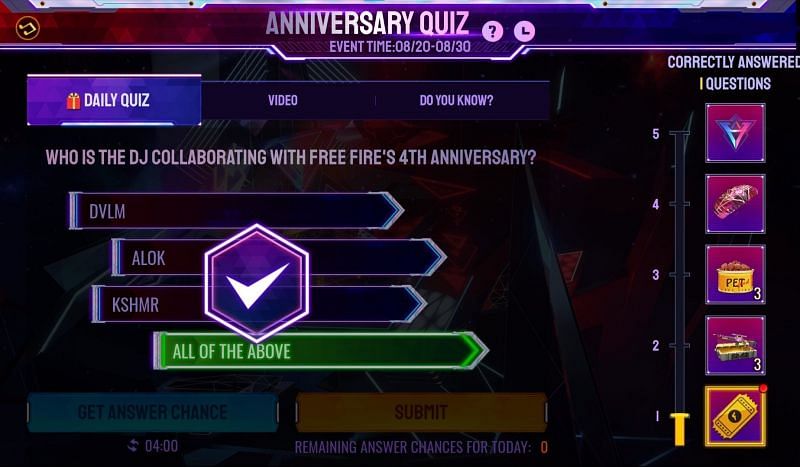 Free Fire 4th Anniversary Quiz Answers For Daily Questions