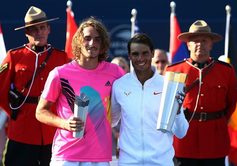 Stefanos Tsitsipas (L) &amp; Rafael Nadal at the Rogers Cup in Toronto in 2018