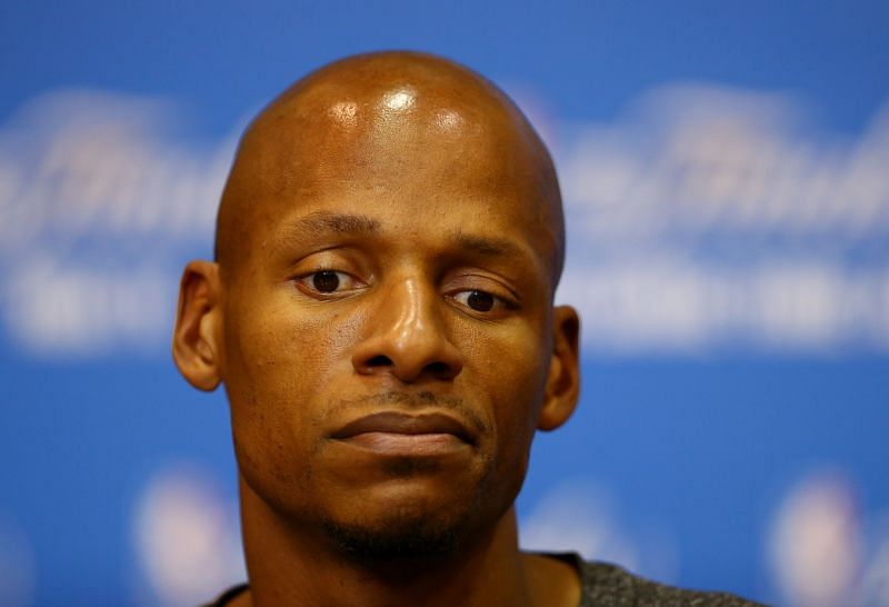 Ray Allen #34 of the Miami Heat speaks to the media on an off day following Game Four of the 2014 NBA Finals.