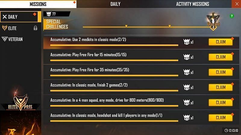 Daily missions in Free Fire also offer experience points