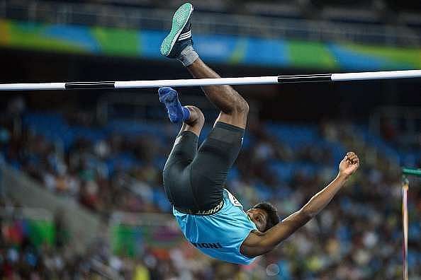 Mariyappan Thangavelu jumps during the finals of Men&rsquo;s T42 High Jump at Rio 2016