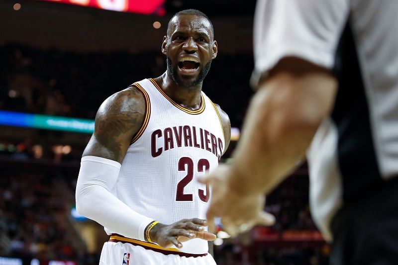 LeBron James reacts to a call during an NBA game in 2018.