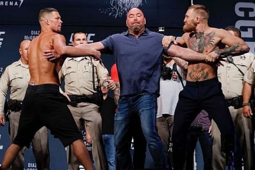 Conor McGregor vs. Nate Diaz facing off ahead of UFC 202