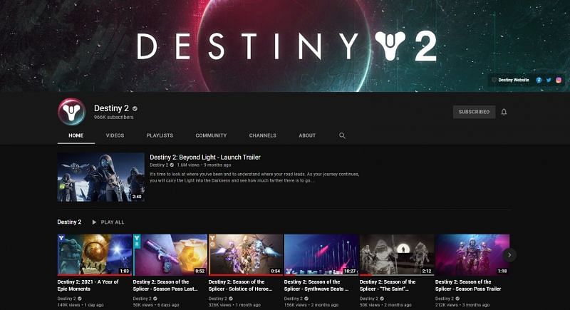 Destiny 2&#039;s official YouTube channel (Image via YouTube)