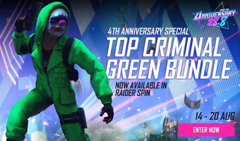 Players can get the Green Criminal bundle via the Raider Spin event (Image via Free Fire)