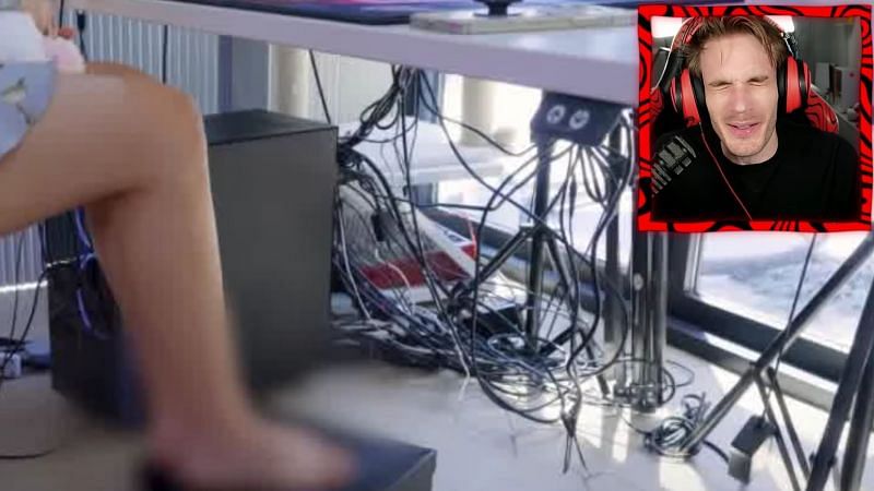 PewDiePie was shocked by Pokimane&#039;s cable mess (Image via PewDiePie on YouTube)