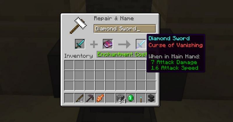 Curse of Vanishing enchantemnt applied to a diamond sword (Image via Minecraft)
