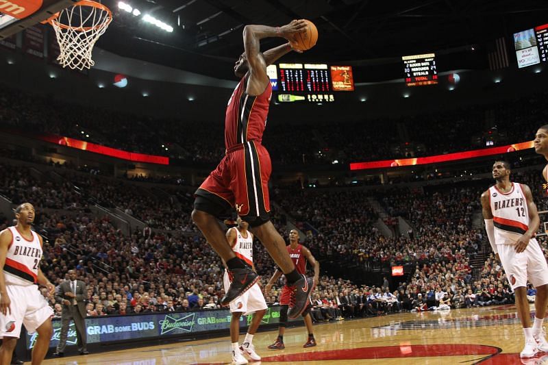 LeBron James #6 of the Miami Heat dunks