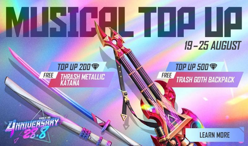 The Muscial Top Up event is available until 25 August 2021 and offers multiple rewards (Image via Free Fire)