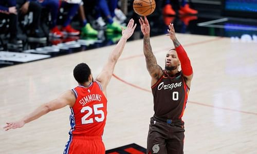 Ben Simmons guards Damian Lillard [Source: USA Today]