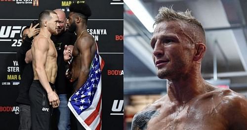 Petr Yan (left), Aljamain Sterling (center) & T.J. Dillashaw (right)