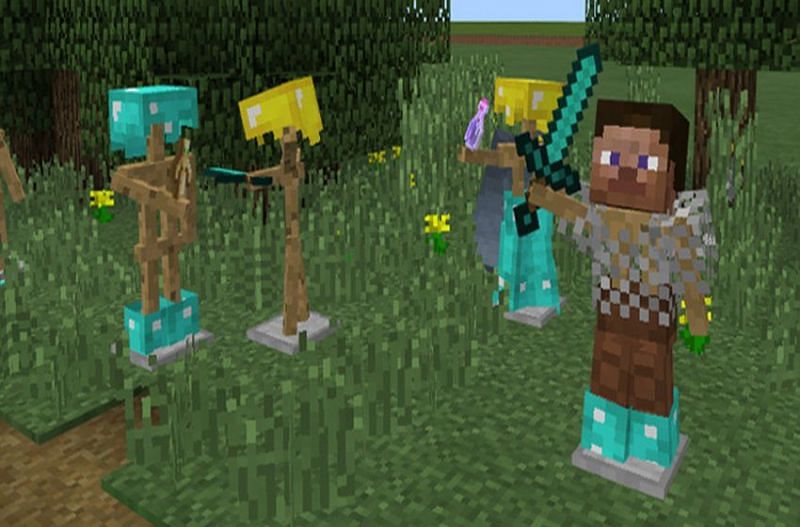 Diamond, Gold and Chainmail armor on Steve (Image via Minecraft)