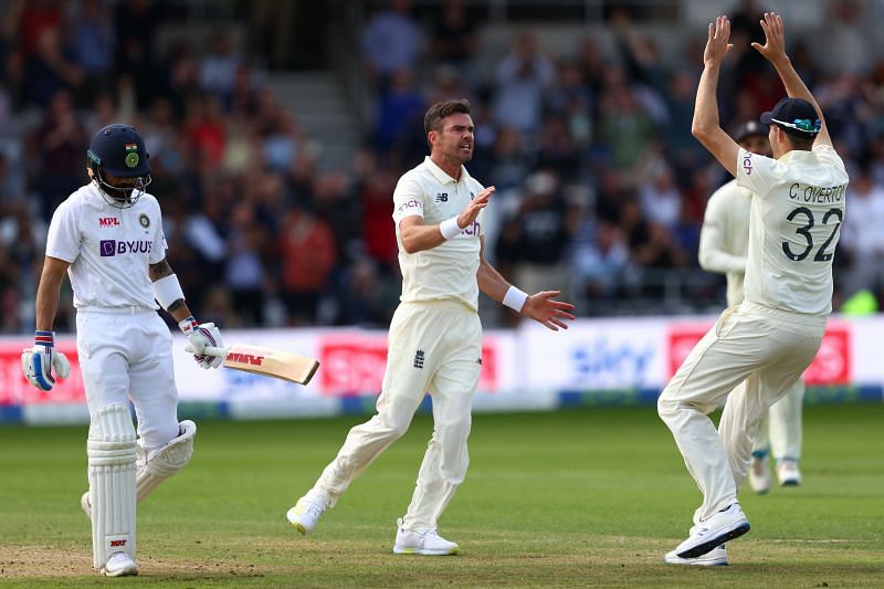 James Anderson celebrates Virat Kohli&rsquo;s dismissal. Pic: Getty Images