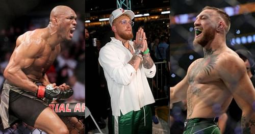 Kamaru Usman (left); Jake Paul (center); Conor McGregor (right).