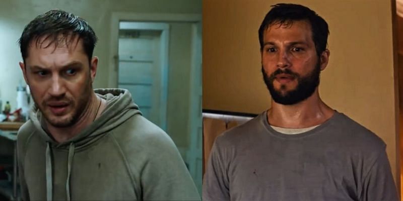 Tom Hardy as Eddie Brock in &quot;Venom (2018)&quot; and Logan Marshall-Green as Grey Trace in &quot;Upgrade (2018)&quot; (Image via Sony Pictures Entertainment and Blumhouse Productions)
