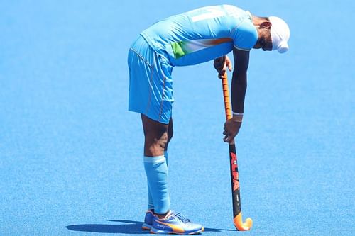 Mandeep Sindh of team India looks dejected after India's loss to Belgium