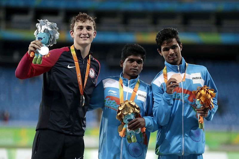 Mariyappan Thangavelu (C) won high jump in T42 category at Rio. Varun Singh Bhati (R) picked up bronze  