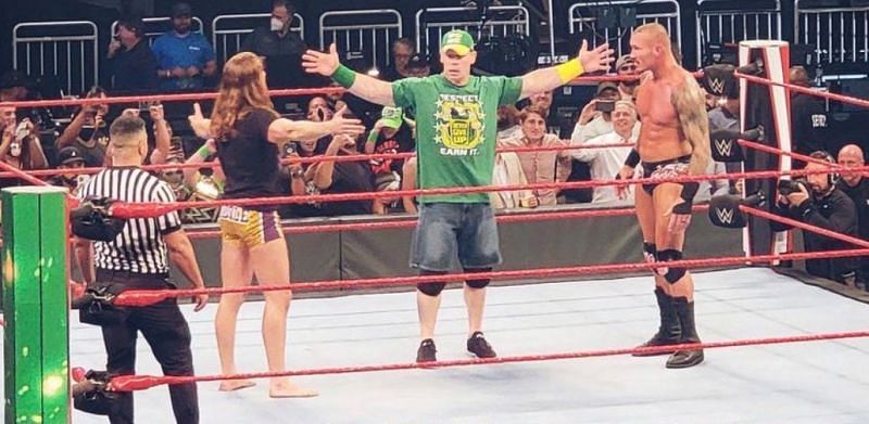 John Cena with Riddle and Randy Orton
