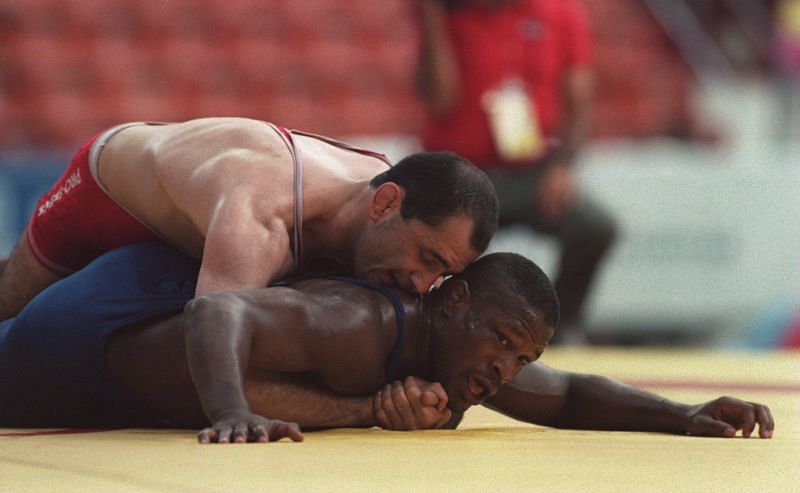 Kevin Jackson gets pinned by his opponent at the Goodwill Games in 1994.