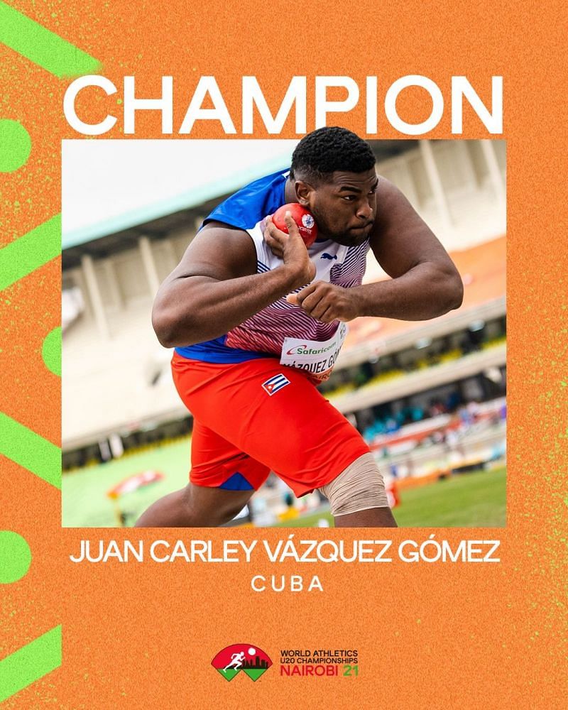 Cuba&#039;s Juan Carley Gomez wins gold in the shot put event at the World U20 Championships in Nairobi (credit: World Athletics FB)