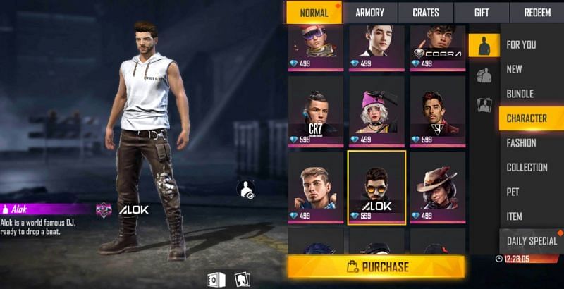 Find Alok in the character tab (Image via Free Fire)