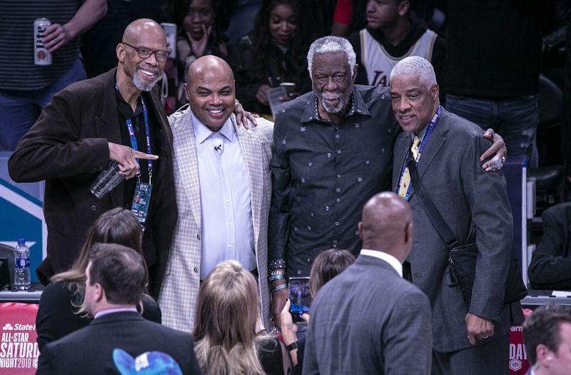 Kareem Abdul-Jabbar, Charles Barkley, Bill Russell and Julius Erving attend the 2019 NBA All-Star Saturday Night.