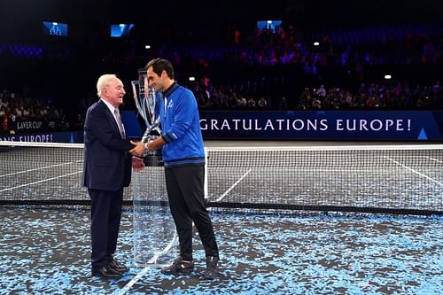 Rod Laver with Roger Federer at the 2019 Laver Cup