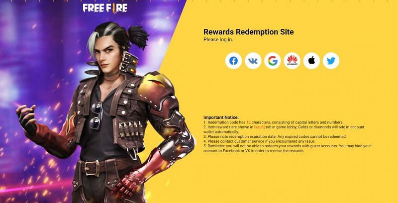 Free Fire redeem codes have to be used on the Rewards Redemption Site (Image via Free Fire)