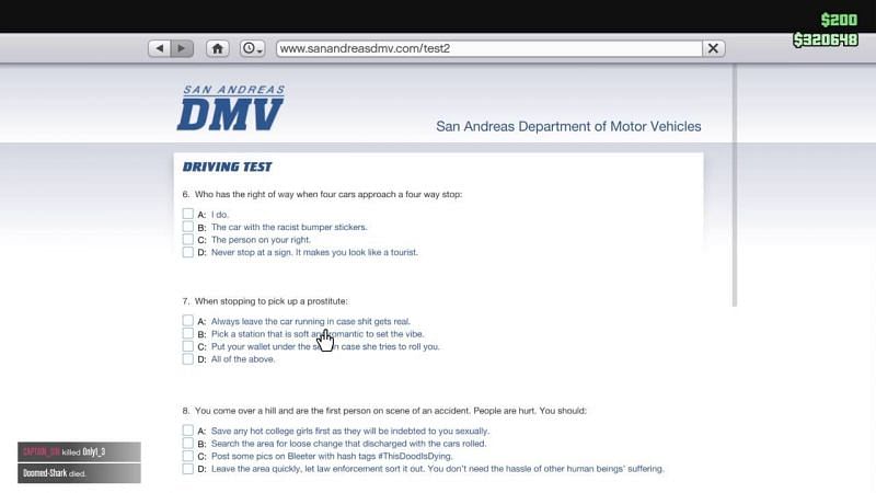 San Andreas DMV Test in GTA Online (Image via Youtube/Hunter5704)