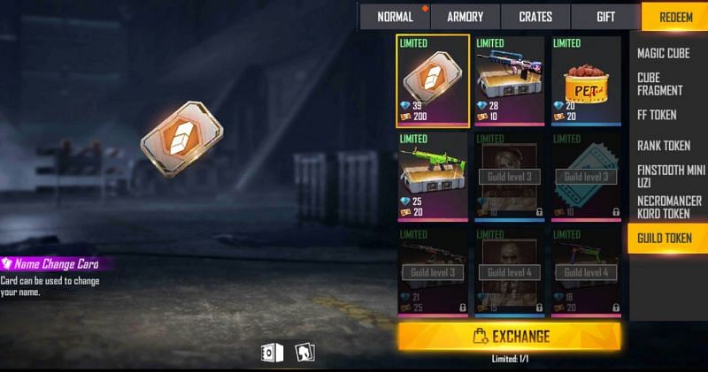You have to tap on the &ldquo;Guild Token&rdquo; icon and then find the name change card (Image via Free Fire)