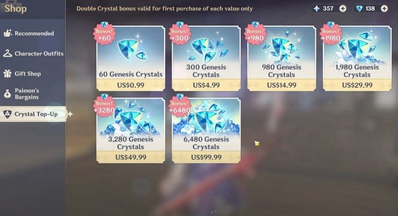 Genesis Crystals top-up bonus in Genshin Impact (Image via Genshin Impact)
