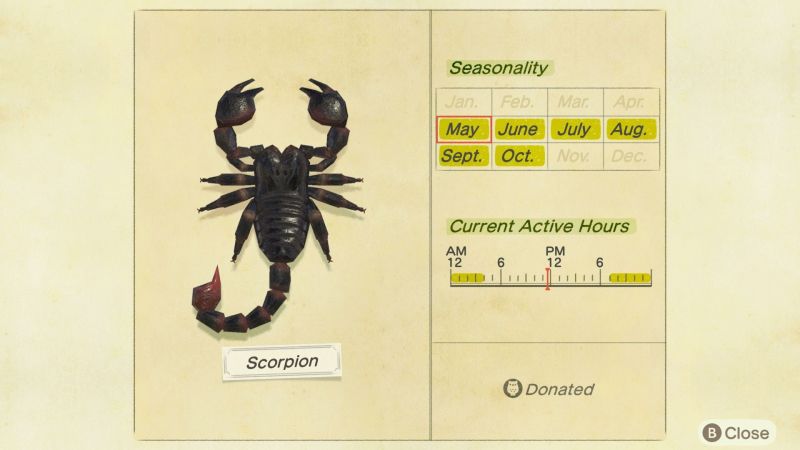 Scorpions in Animal Crossing are one of the most difficult bugs to catch and carry a nice reward for doing so. Image via Nintendo