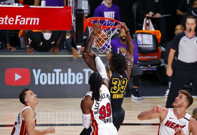 Dwight Howard #39 of the Los Angeles Lakers dunks the ball