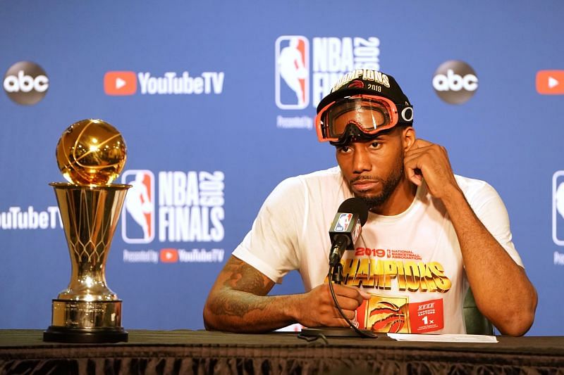 Kawhi Leonard during a post-game interview after winning the 2019 NBA Finals.