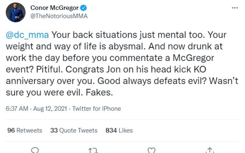McGregor congratulated Jones on KO&#039;ing DC