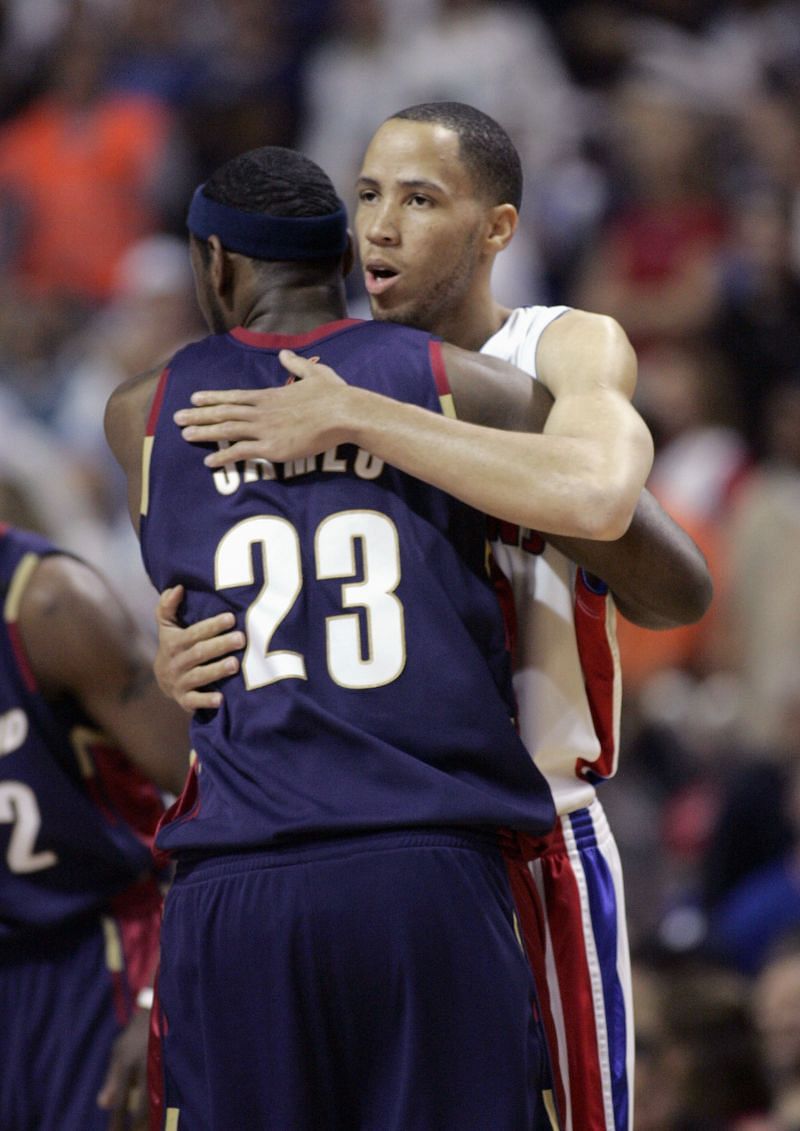 Tayshaun Prince #22 of the Detroit Pistons hugs LeBron James #23 of the Cleveland Cavaliers