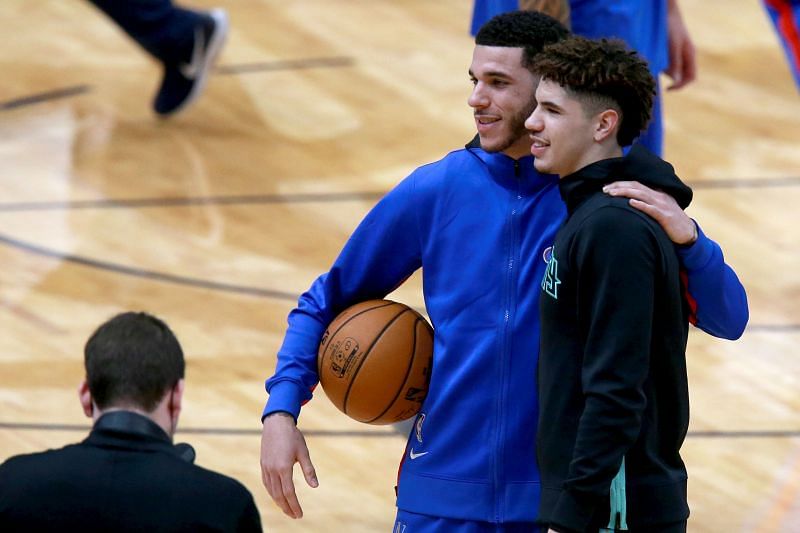 Lonzo Ball #2 of the New Orleans Pelicans and LaMelo Ball #2 of the Charlotte Hornets