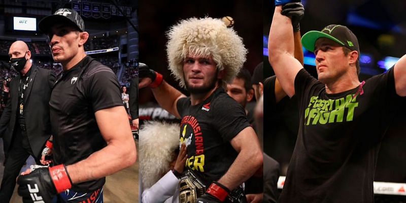 Tony Ferguson (left), Khabib Nurmagomedov (center), and Chael Sonnen (right)