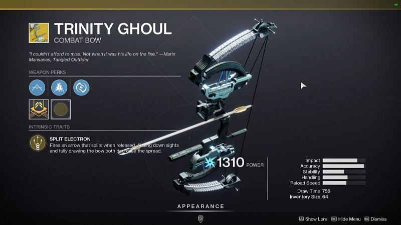 Destiny 2 exotic arc bow, Trinity Ghoul (Image via Bungie)