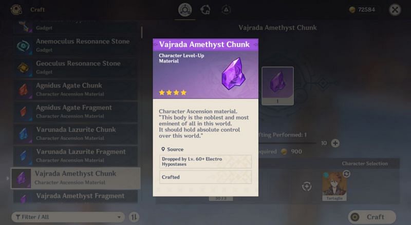 Vajrada Amethyst Chunk description (image via Genshin Impact)
