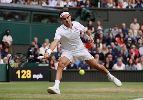 Roger Federer in action at Wimbledon 2021