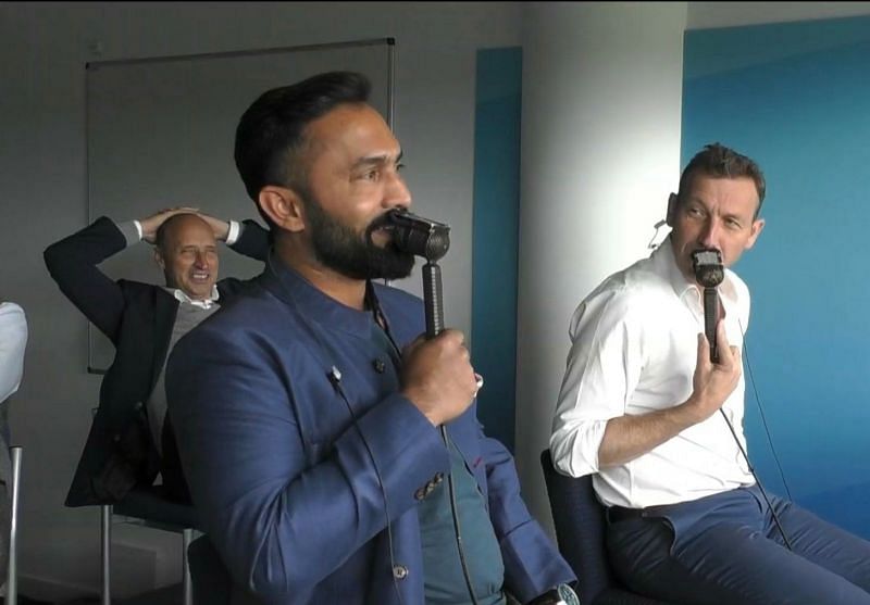 Dinesh Karthik with his colleagues from the commentary team(Image courtesy: Dinesh Karthik Twitter)