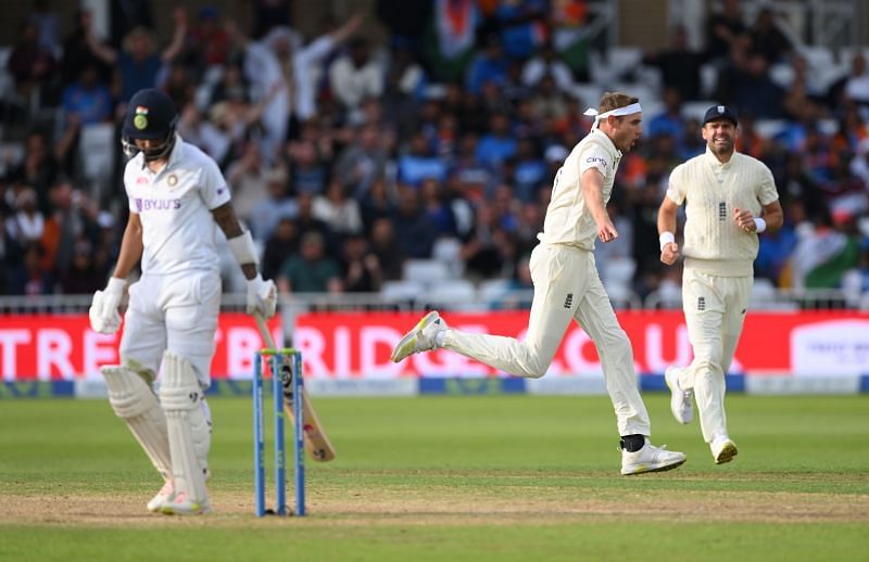 Stuart Broad celebrates after taking the wicket of KL Rahul. Pic: Getty Images