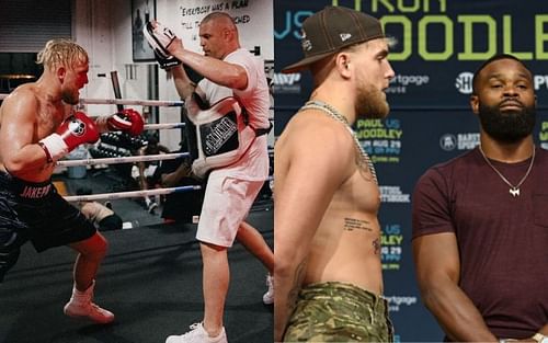 Jake Paul training with BJ Flores (left) (*Image courtesy: BJ Flores Instagram); Jake Paul and Tyron Woodley (right)