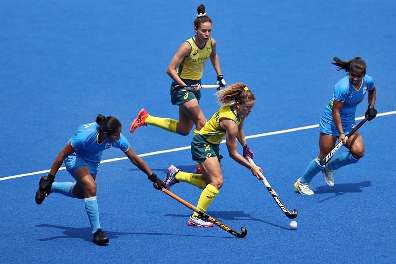 Gurjit Kaur (left) of Team India during the Women&#039;s Quarterfinal match between Australia and India at Tokyo 2020 Olympics