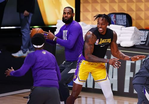 LeBron James #23 and Dwight Howard #39 warm-up prior to the start of a Finals game.